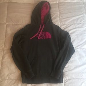 gray and pink north face hoodie